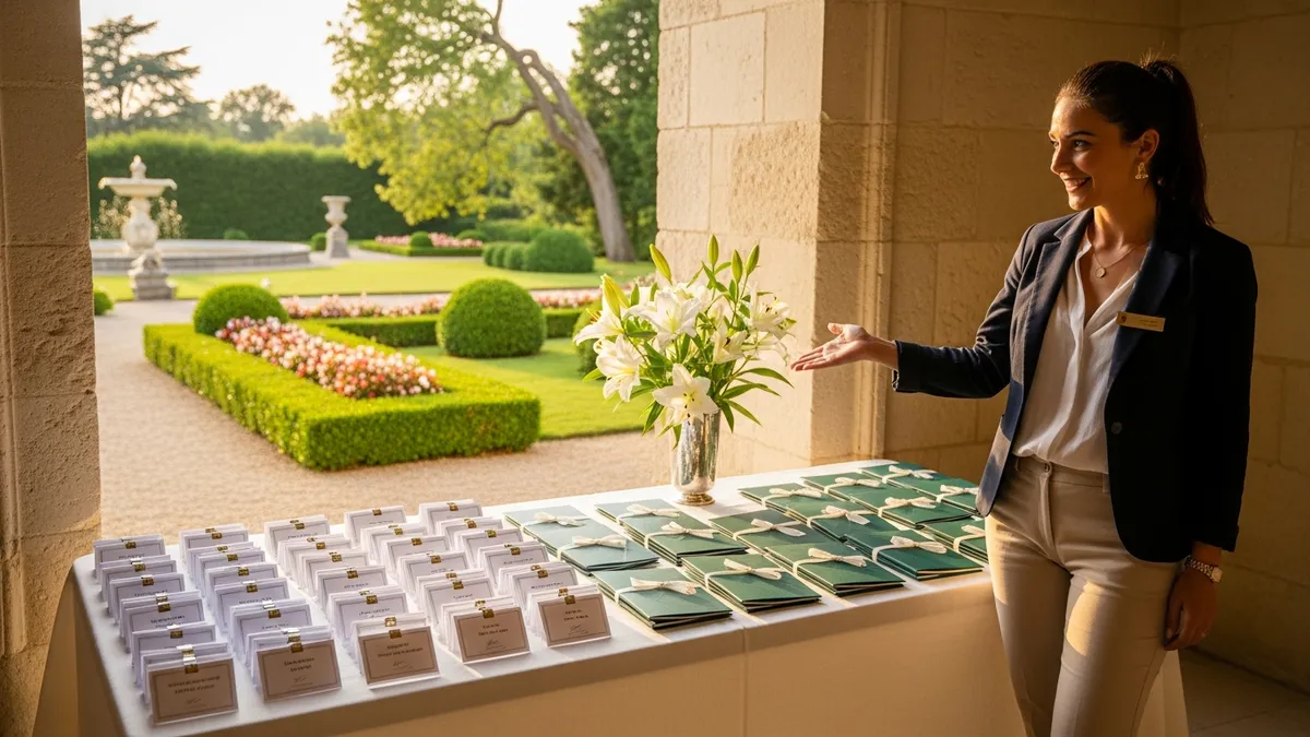 Entrée d'un château d'Île-de-France avec table d'accueil élégante, badges et livrets participants, personnel souriant