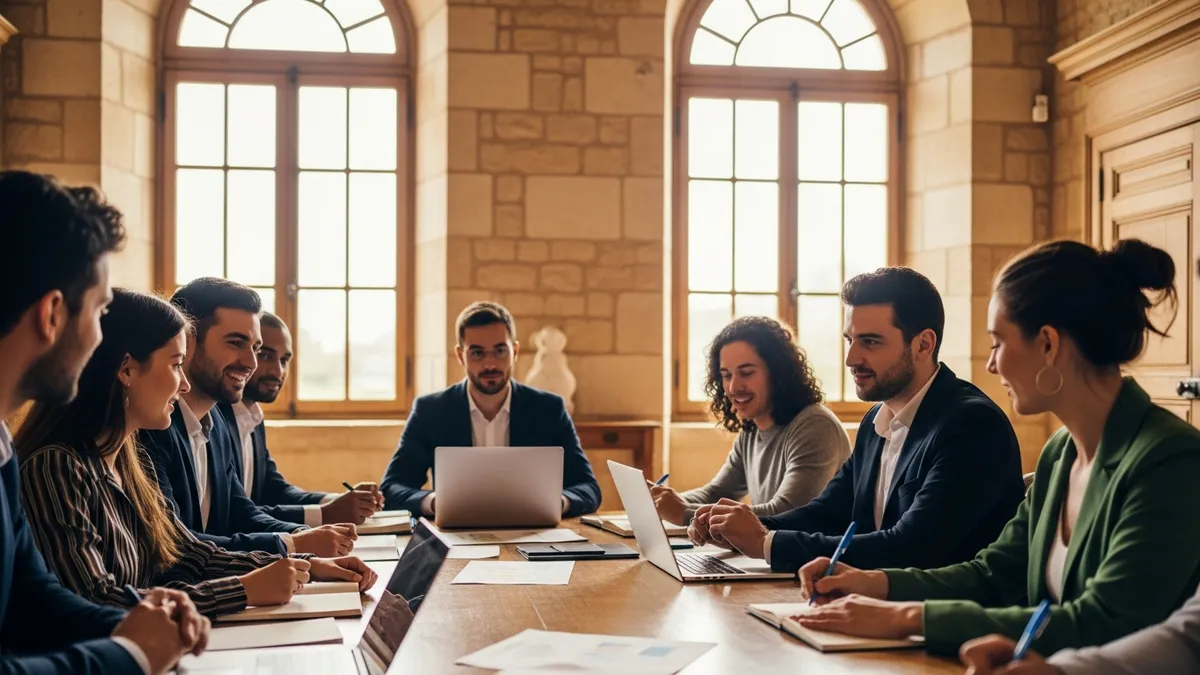 Séminaire d'intégration pour alternants dans un château d'Île-de-France, jeunes professionnels autour d'une table de travail en salle historique