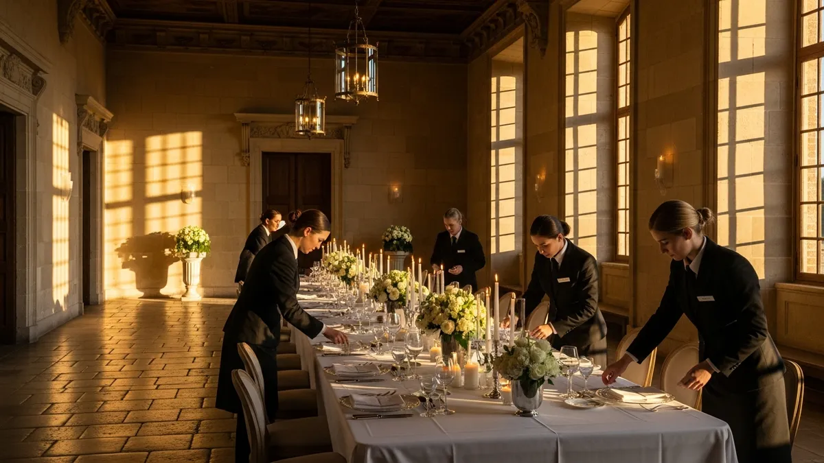 Hall d'entrée majestueux d'un château en Île-de-France avec table de réception dressée pour des invités VIP, bougies et fleurs, lumière dorée du soir