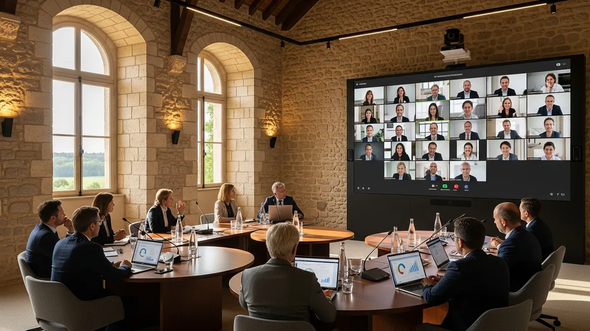 Salle de séminaire hybride dans un château, grand écran de visioconférence avec participants distants, groupe de collaborateurs en présentiel, architecture classique française