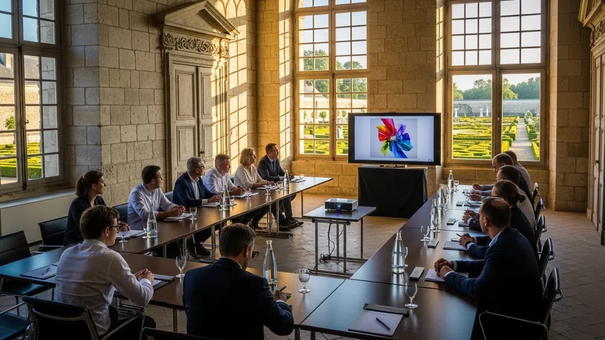 Salle de réunion aménagée en château, tables en U avec matériel de présentation, hautes fenêtres, lumière naturelle, Île-de-France