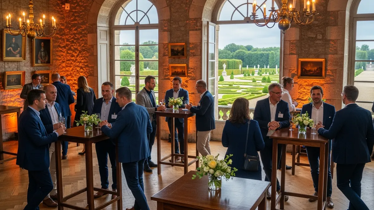 Espace networking élégant dans un salon de château avec participants en discussion lors d'un séminaire