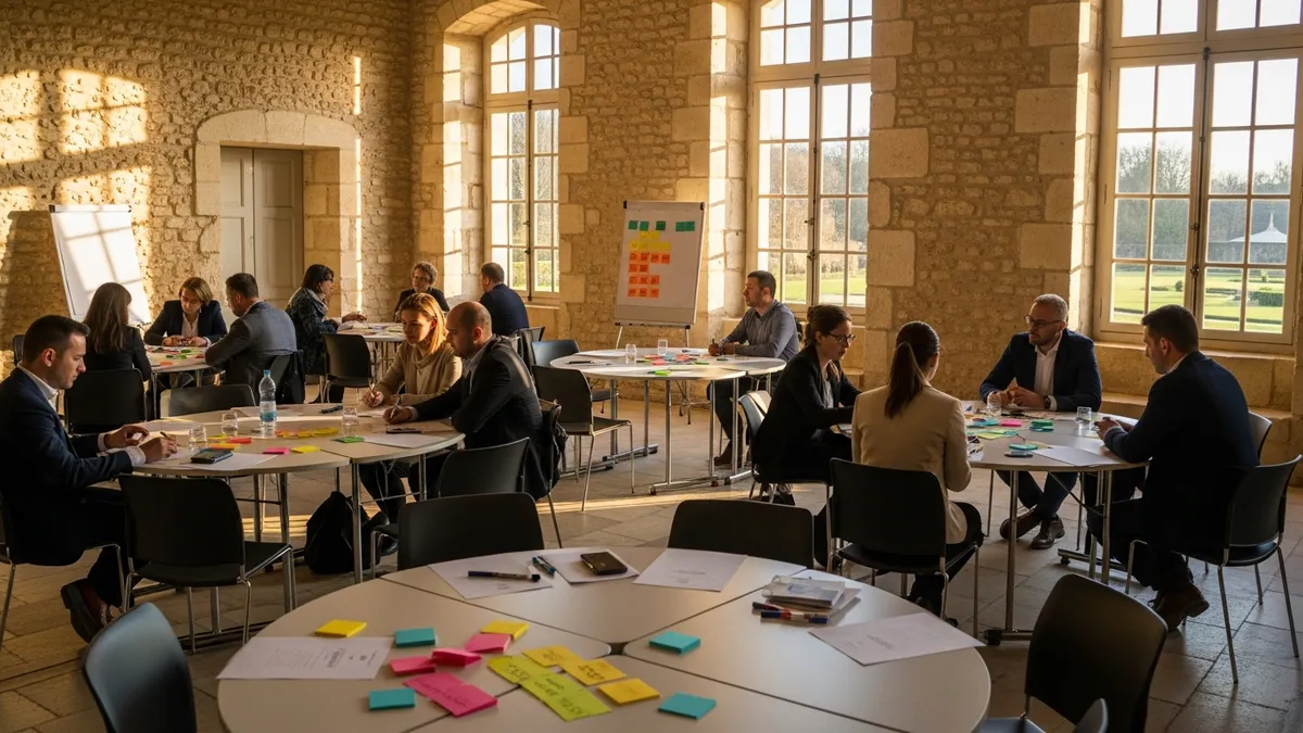 Salle de workshop aménagée en château avec tables en îlots, post-its colorés sur murs en pierre et lumière naturelle