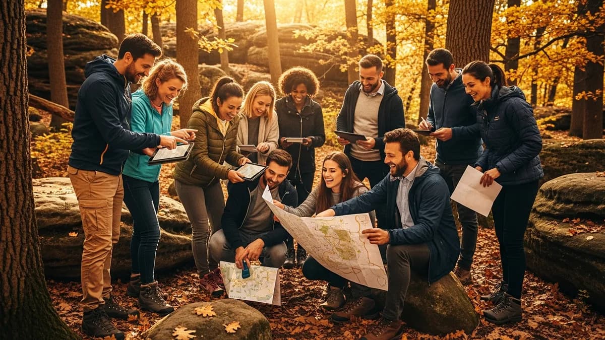 Équipe d'entreprise participant à un escape game en pleine forêt de Fontainebleau, ambiance automne 2026