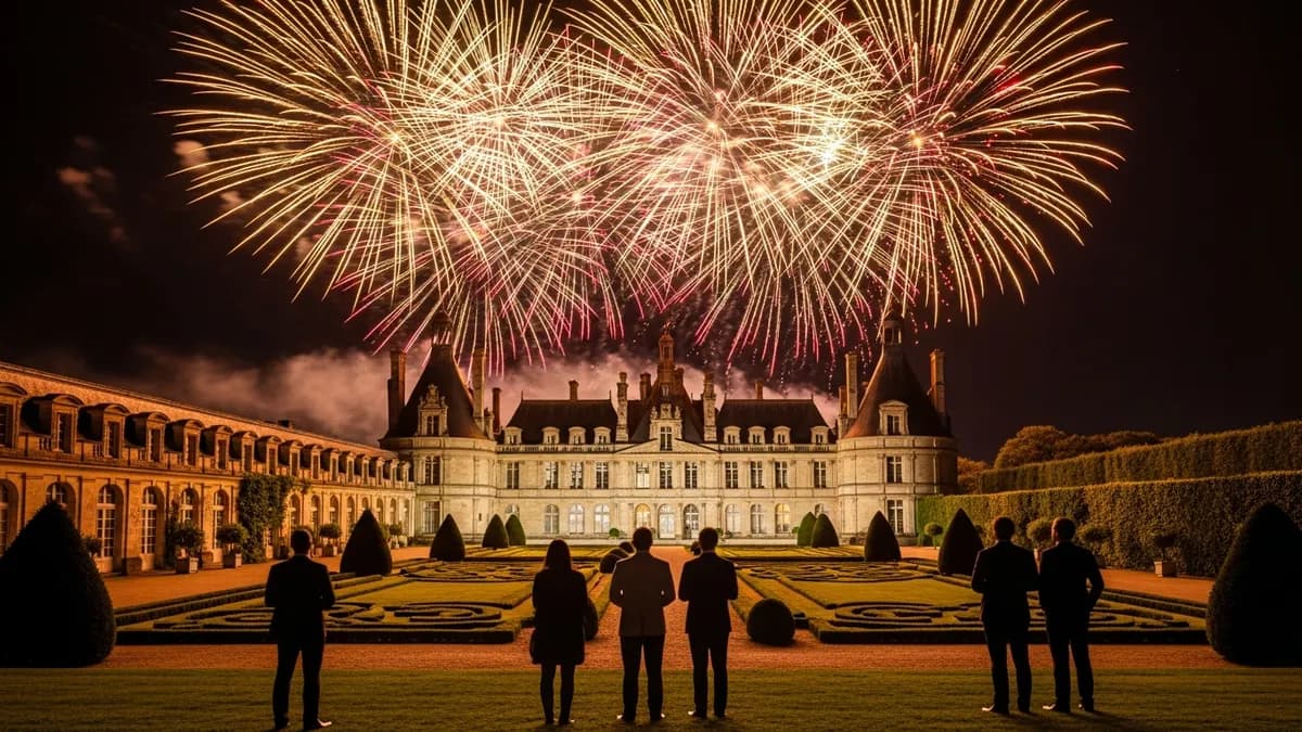 Feux d'artifice illuminant le ciel au-dessus d'un château en Île-de-France lors d'un séminaire d'entreprise