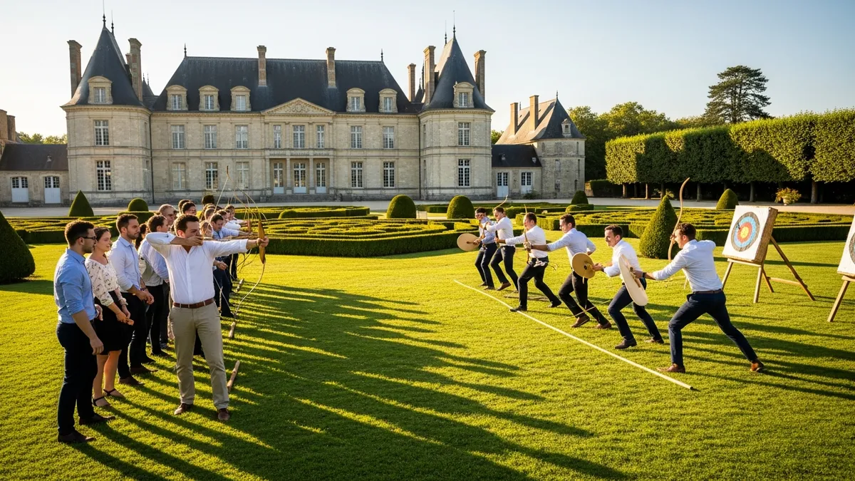Équipe d'entreprise jouant à des olympiades dans le parc d'un château en Île-de-France, ambiance ensoleillée, activité team building cohésion