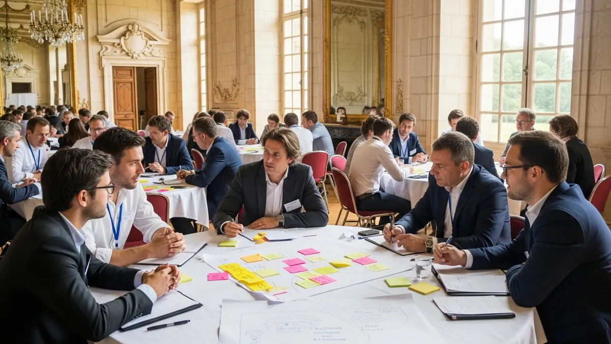 Groupe de collaborateurs en atelier d'intelligence collective autour de tables rondes dans une salle historique de château en Île-de-France