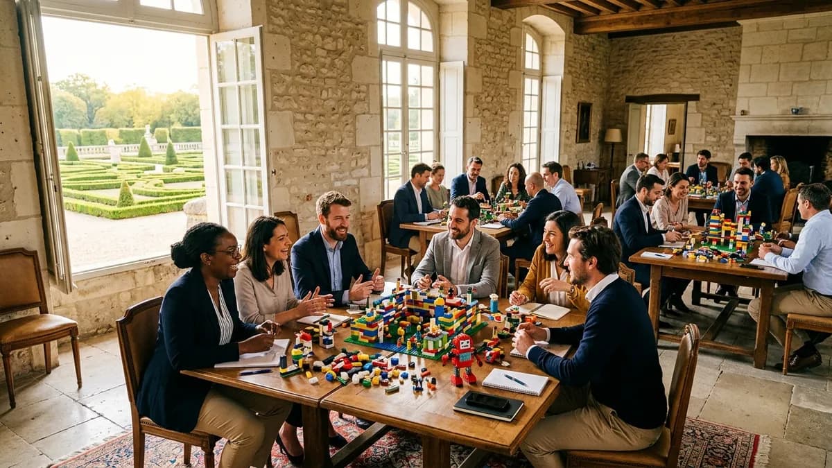 Atelier LEGO Serious Play en salle de séminaire dans un château avec des équipes en train de construire des modèles colorés sur une grande table