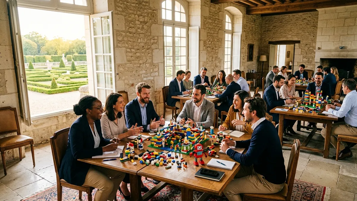 Atelier LEGO Serious Play en salle de séminaire dans un château avec des équipes en train de construire des modèles colorés sur une grande table