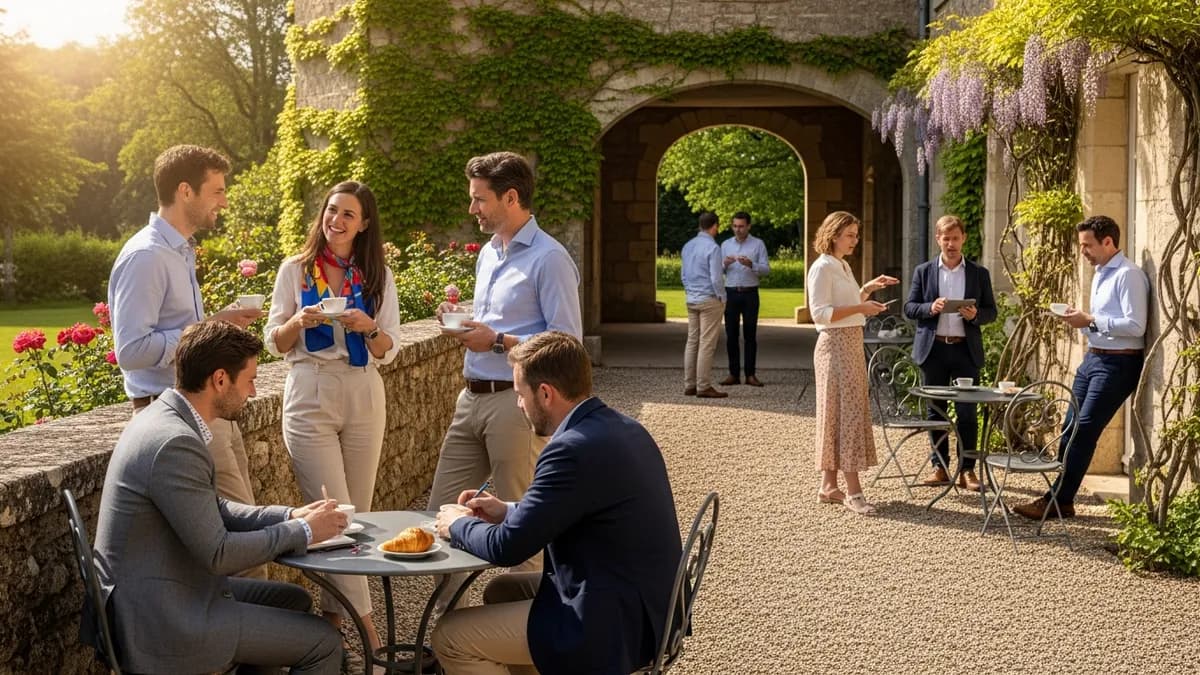 Collaborateurs en pause café dans le parc d'un château en Île-de-France, ambiance détendue et conviviale