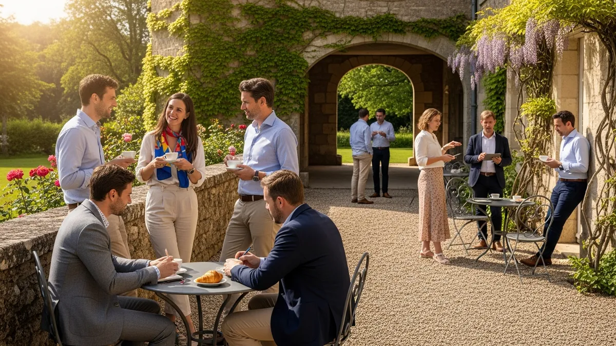 Collaborateurs en pause café dans le parc d'un château en Île-de-France, ambiance détendue et conviviale