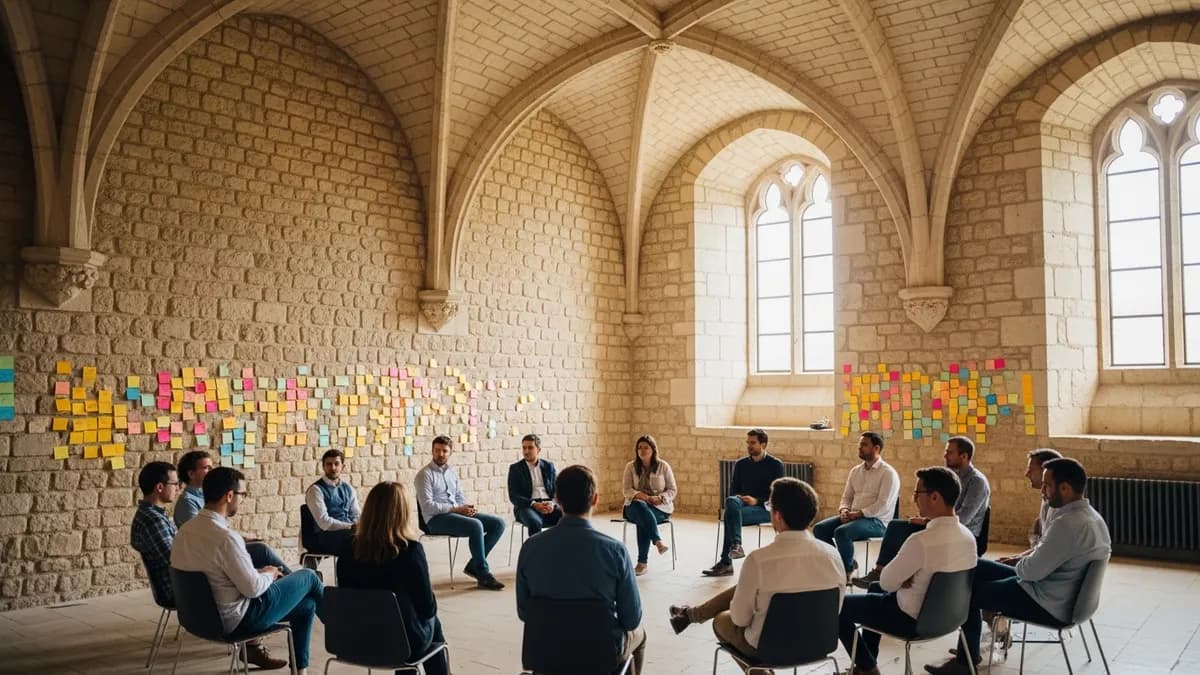 Équipe agile en cercle dans une salle historique d'un château d'Île-de-France, post-it colorés sur tableau, ambiance collaborative