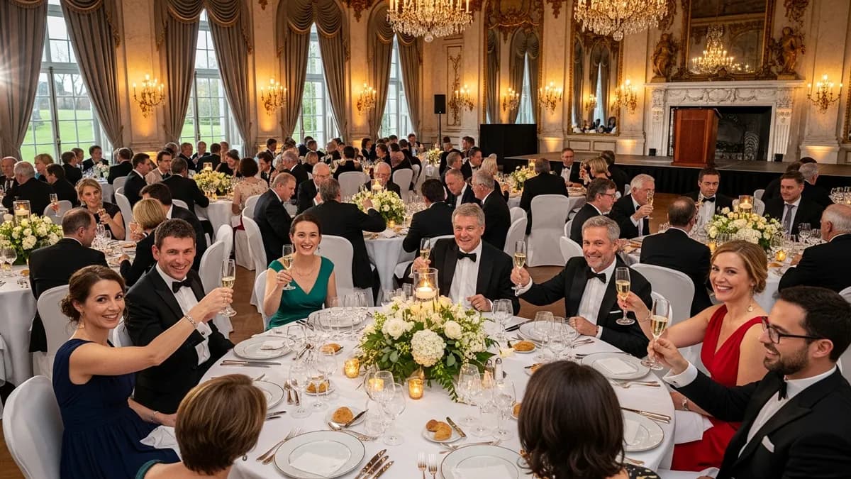 Salle de gala dans un château d'Île-de-France décorée pour une remise de trophées commerciaux, tables rondes élégantes, éclairage ambiance dorée, équipe commerciale en tenue de soirée