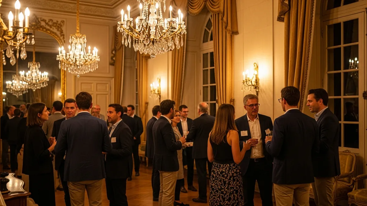 Soirée networking en château Île-de-France, cocktail élégant dans un grand salon avec lustres et parquet, professionnels en tenue business casual échangeant des cartes, lumière chaude dorée