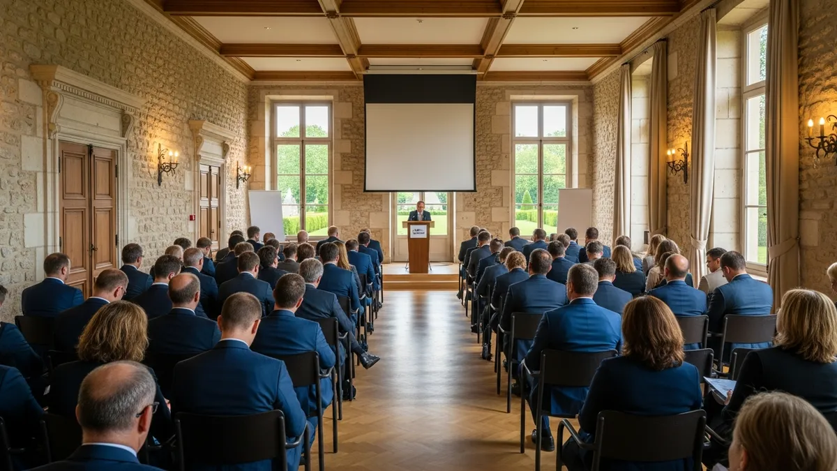 Assemblée générale d'entreprise dans la grande salle d'un château en Île-de-France, salle plénière avec amphithéâtre et vue sur parc
