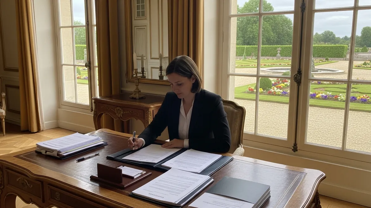Bureau organisateur événementiel avec documents d'assurance séminaire et vue sur un château en Île-de-France