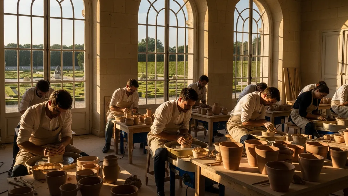Atelier poterie en groupe dans un château des Yvelines, participants en tenue décontractée autour d'un tour de potier, lumière naturelle dorée