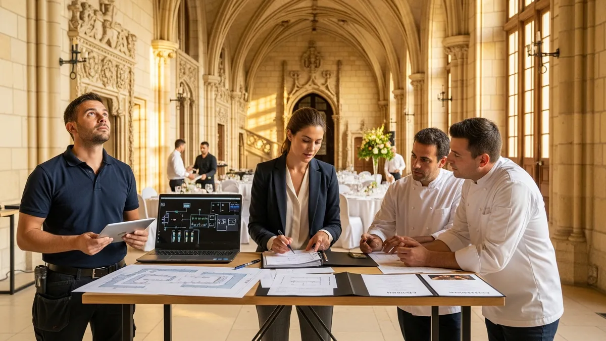 Consultante événementielle briefant un traiteur et un technicien son dans la salle de réception d'un château en Île-de-France
