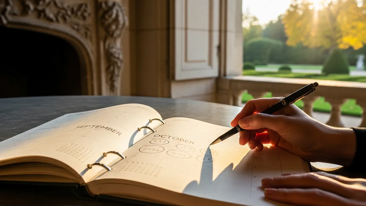Agenda et calendrier posés sur une table en pierre dans un château d'Île-de-France, lumière naturelle de fenêtre