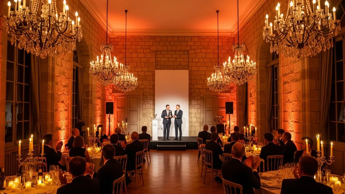 Cérémonie de remise de trophées dans un château en Île-de-France, scène illuminée et collaborateurs en tenue de soirée