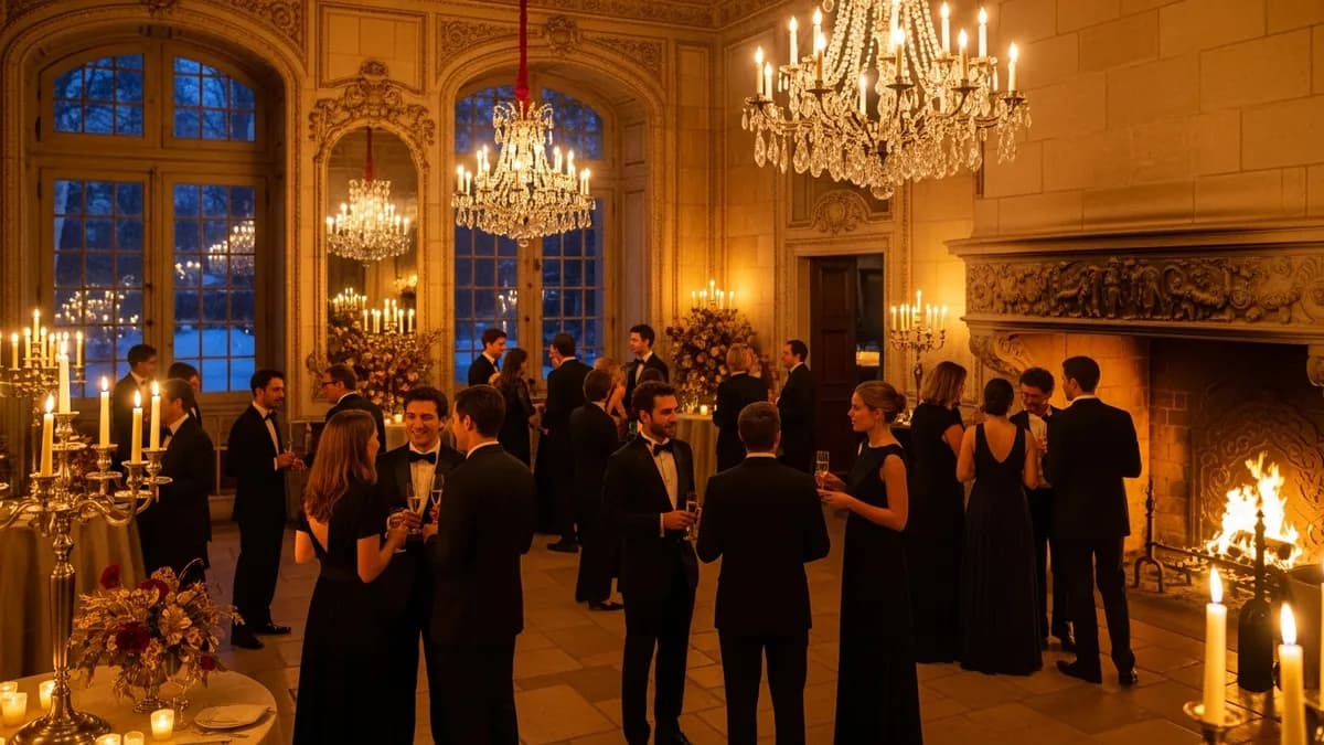 Cérémonie de vœux d'entreprise dans le grand salon d'un château en Île-de-France, champagne, décoration dorée, collaborateurs en tenue de soirée, lumières chaudes