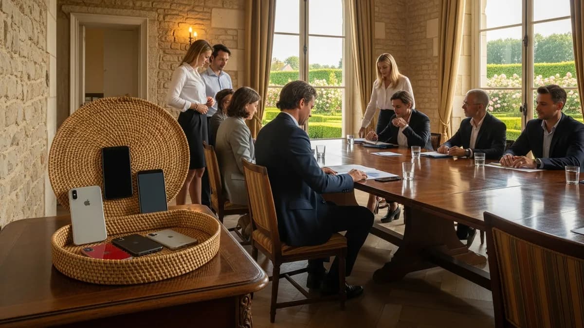 Participants de séminaire en château posant leurs téléphones dans un panier en osier, salle de réunion lumineuse avec vue sur parc à la française