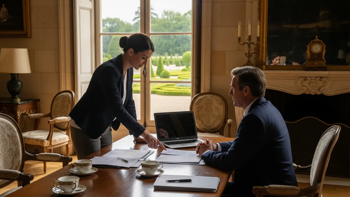 Réunion de briefing entre une organisatrice événementielle et un client dans un salon de château en Île-de-France