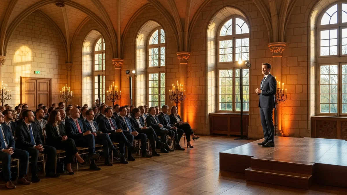 Animateur maître de cérémonie en costume élégant prenant la parole dans la grande salle d'un château français devant des participants en tenue business casual