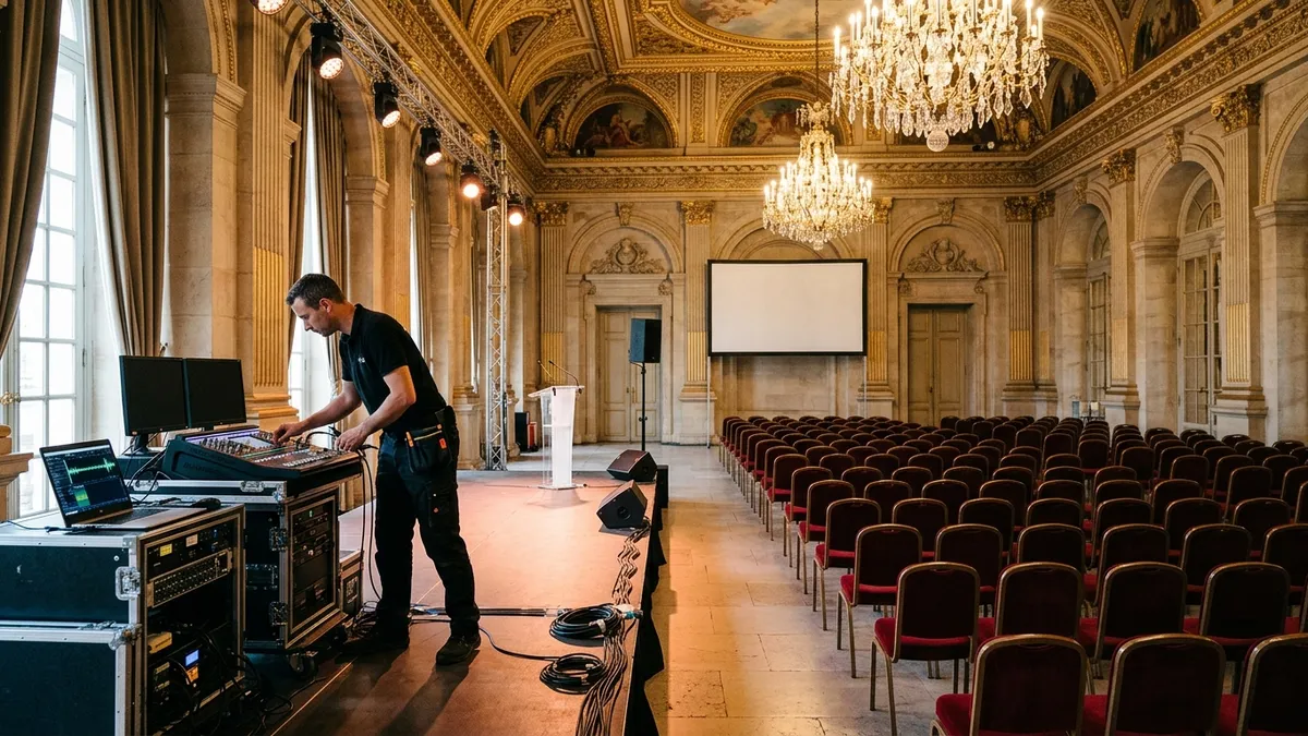 Technicien son et lumière installant du matériel audiovisuel dans une grande salle de réception d'un château français, éclairages de scène et câbles visibles