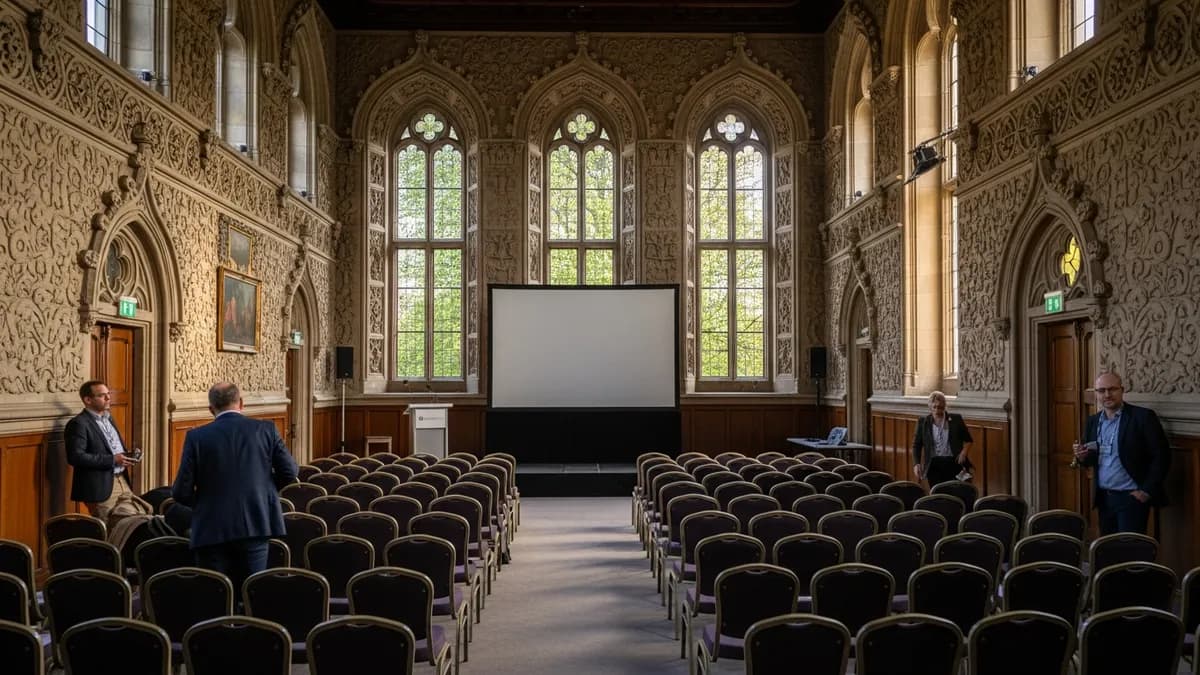 Grande salle de château en configuration théâtre avec rangées de chaises face à une scène, hauts plafonds, lumière naturelle, décor XVIIe siècle