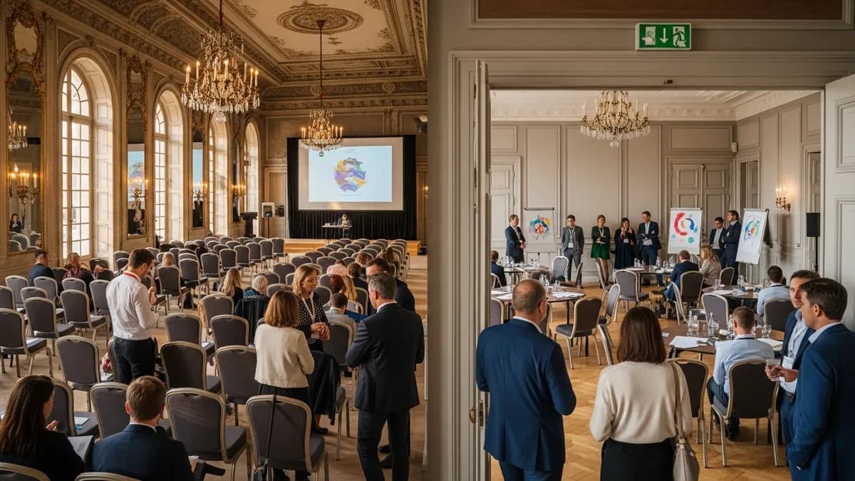 Grande salle plénière et petites salles d'ateliers dans un château d'Île-de-France, tables rondes et chaises en configuration séminaire