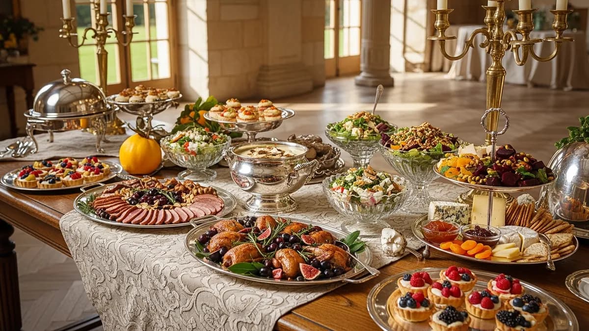Table de buffet élégant dans une salle de réception en château, présentation gastronomique soignée, lumière naturelle dorée
