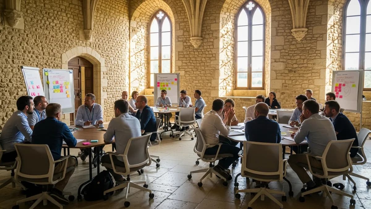 Salle de séminaire en château avec mobilier ergonomique modulable, tables collaboratives et chaises design, lumière naturelle dorée