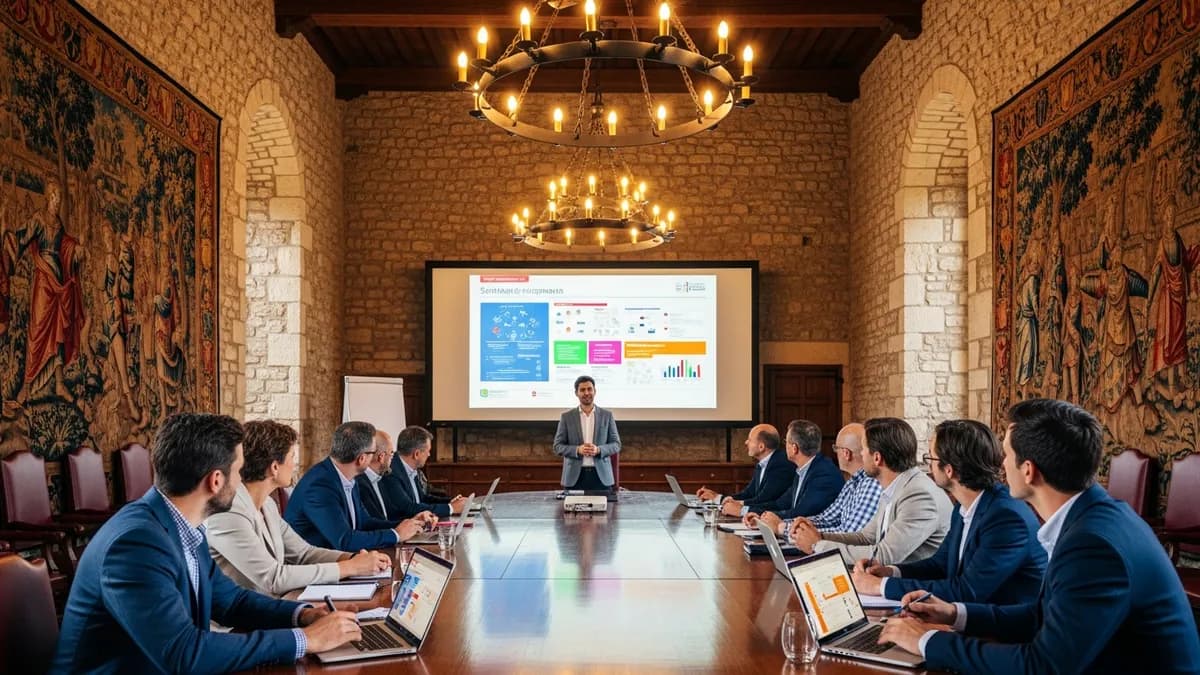 Manager présentant le programme d'un séminaire d'entreprise devant un écran dans une salle de réunion en château