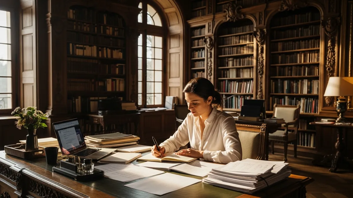 Professionnelle rédigeant un compte-rendu de séminaire à un bureau dans une bibliothèque de château, lumière naturelle