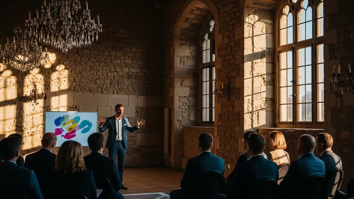 Conférencier professionnel présentant devant une salle de séminaire dans un château en Île-de-France