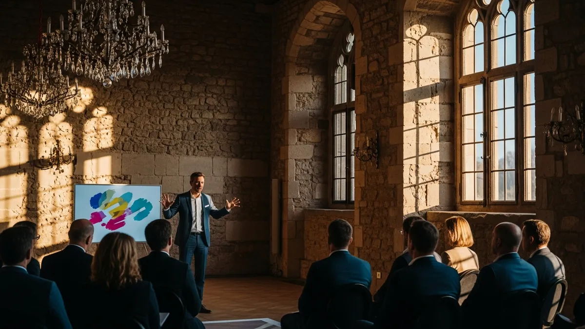 Conférencier professionnel présentant devant une salle de séminaire dans un château en Île-de-France