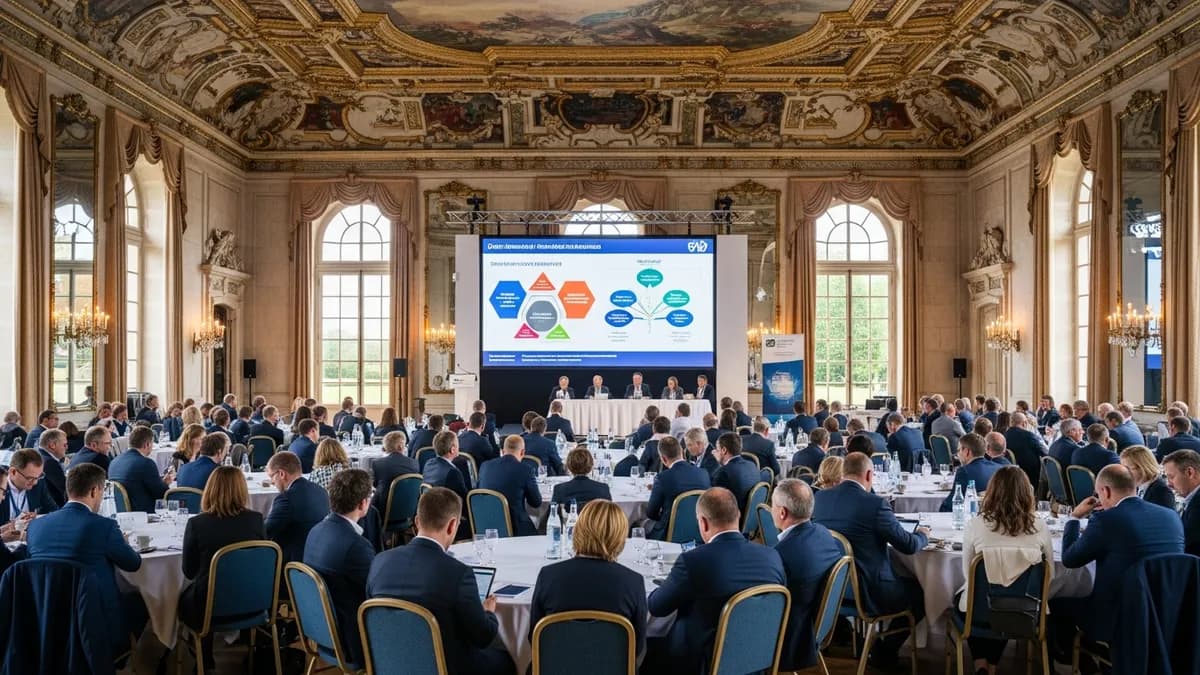 Grande salle de plénière dans un château d'Île-de-France, rangées de tables rondes avec collaborateurs en conférence, écrans de présentation, lumière naturelle traversant de hautes fenêtres