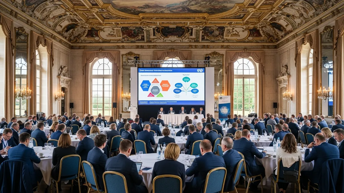 Grande salle de plénière dans un château d'Île-de-France, rangées de tables rondes avec collaborateurs en conférence, écrans de présentation, lumière naturelle traversant de hautes fenêtres