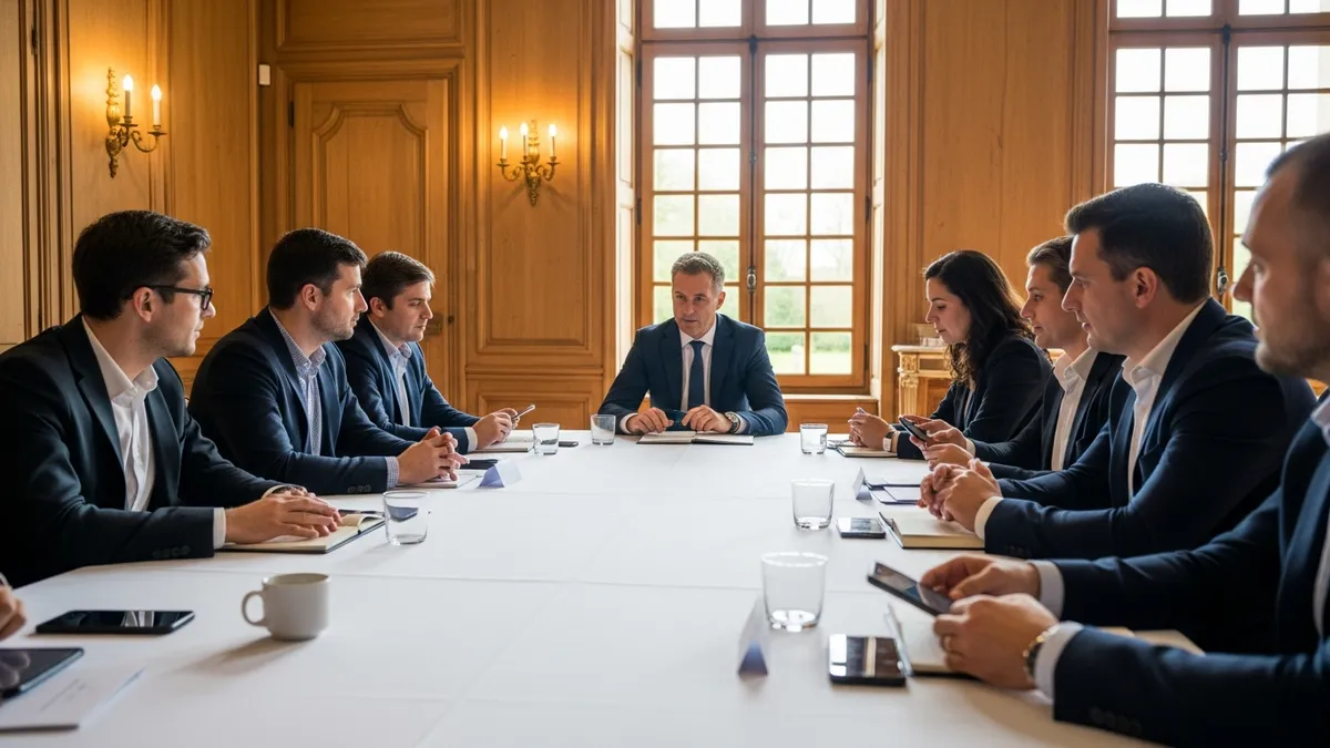 Salle de séminaire dans un château français avec participants concentrés sur des échanges en présentiel, smartphones posés sur les tables face retournée, ambiance lumineuse et conviviale