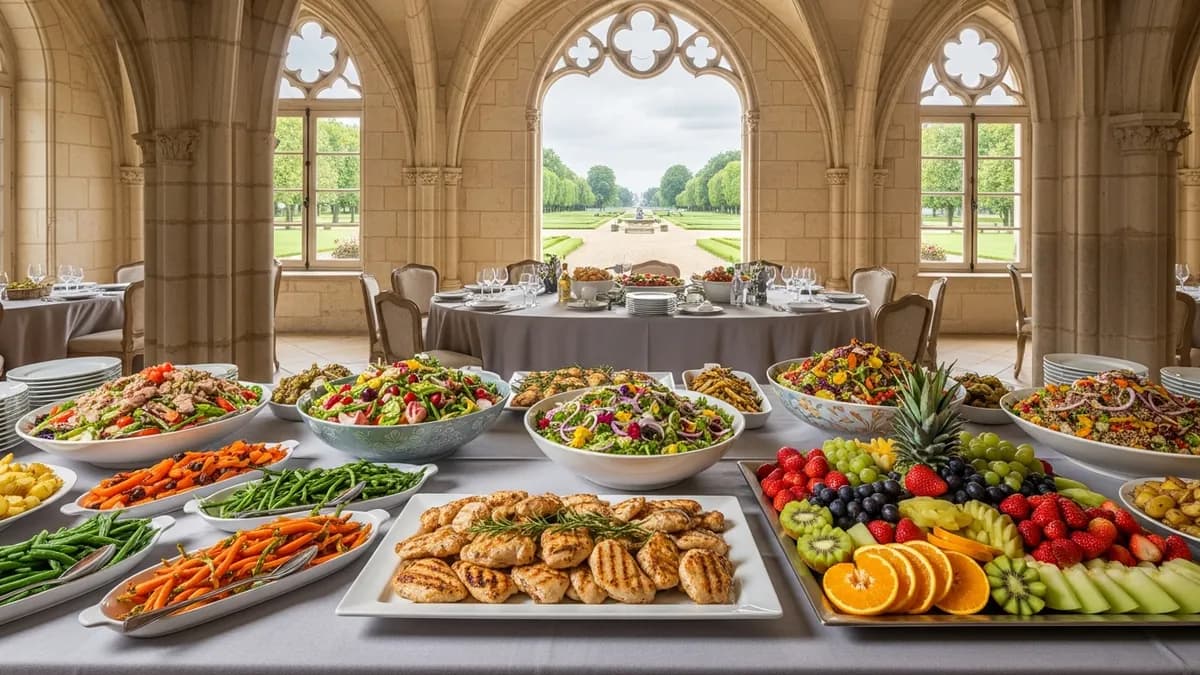 Table de déjeuner séminaire en château avec buffet équilibré et légumes frais dans une salle lumineuse