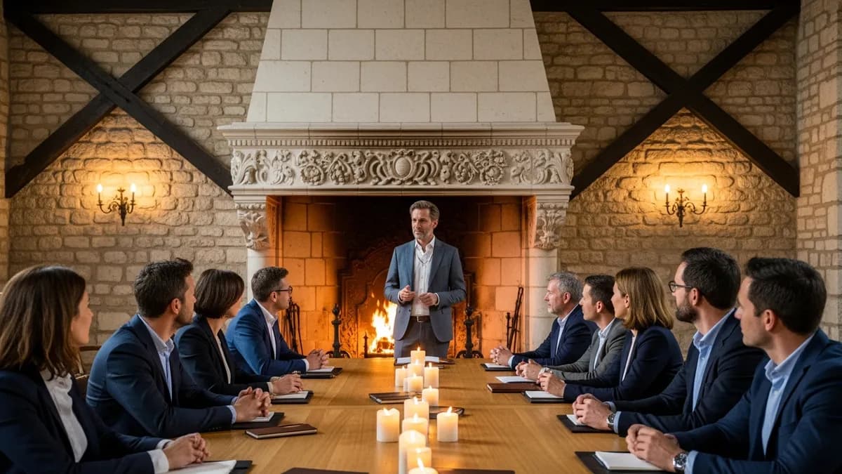 Dirigeant prenant la parole devant son équipe dans une salle de séminaire en château, lumière chaleureuse, ambiance de clôture d'événement