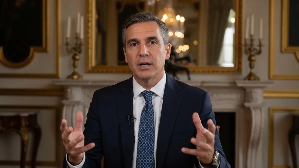 Directeur prenant la parole devant son équipe dans une grande salle de château en Île-de-France, lumière naturelle dorée, ambiance concentrée et positive