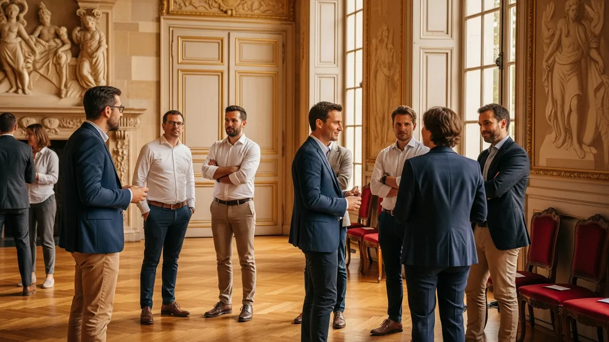 Groupe de collaborateurs en tenue business casual dans le salon d'un château, lumière dorée et boiseries classiques