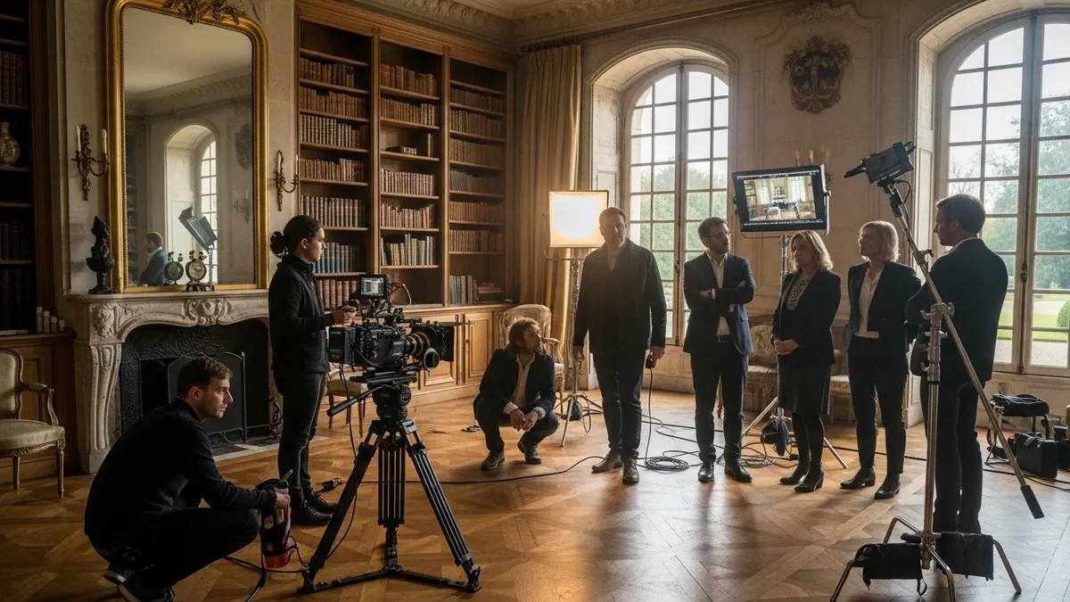 Tournage d'un film corporate dans une salle de réception d'un château en Île-de-France, caméra et équipe de production