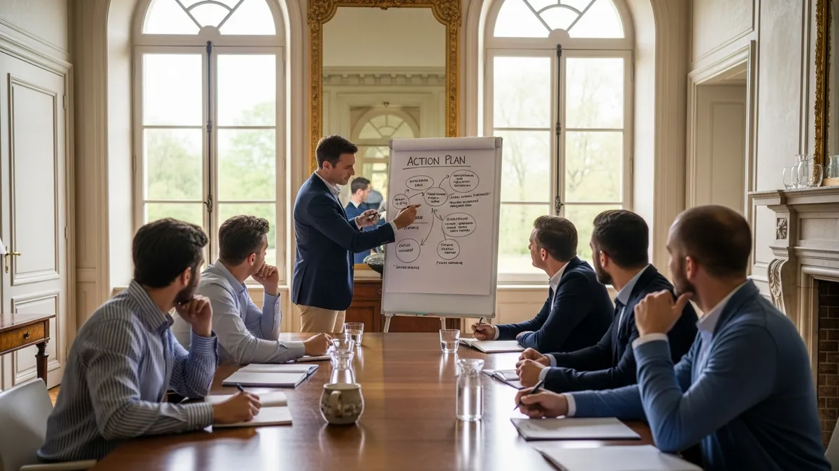 Manager debriefant son équipe après un séminaire en château, tableau blanc avec plan d'action, lumière naturelle
