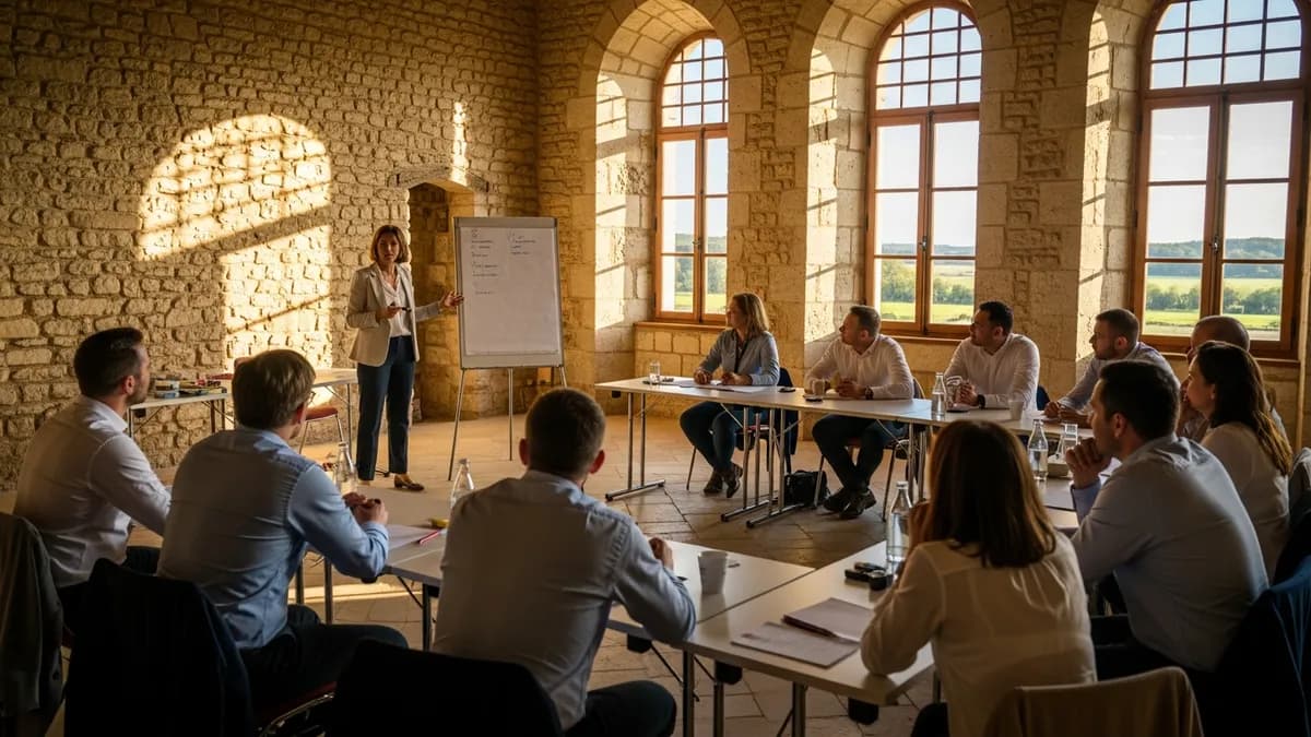 Facilitateur externe animant un atelier participatif dans une salle de château en Île-de-France