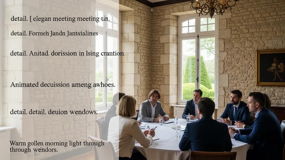 Salle de séminaire lumineuse dans un château avec vue sur parc verdoyant, participants concentrés autour d'une table, lumière naturelle apaisante