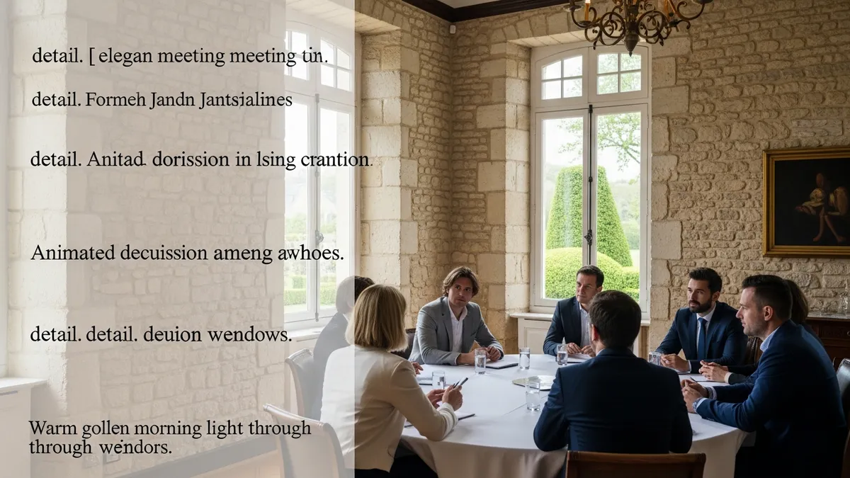 Salle de séminaire lumineuse dans un château avec vue sur parc verdoyant, participants concentrés autour d'une table, lumière naturelle apaisante