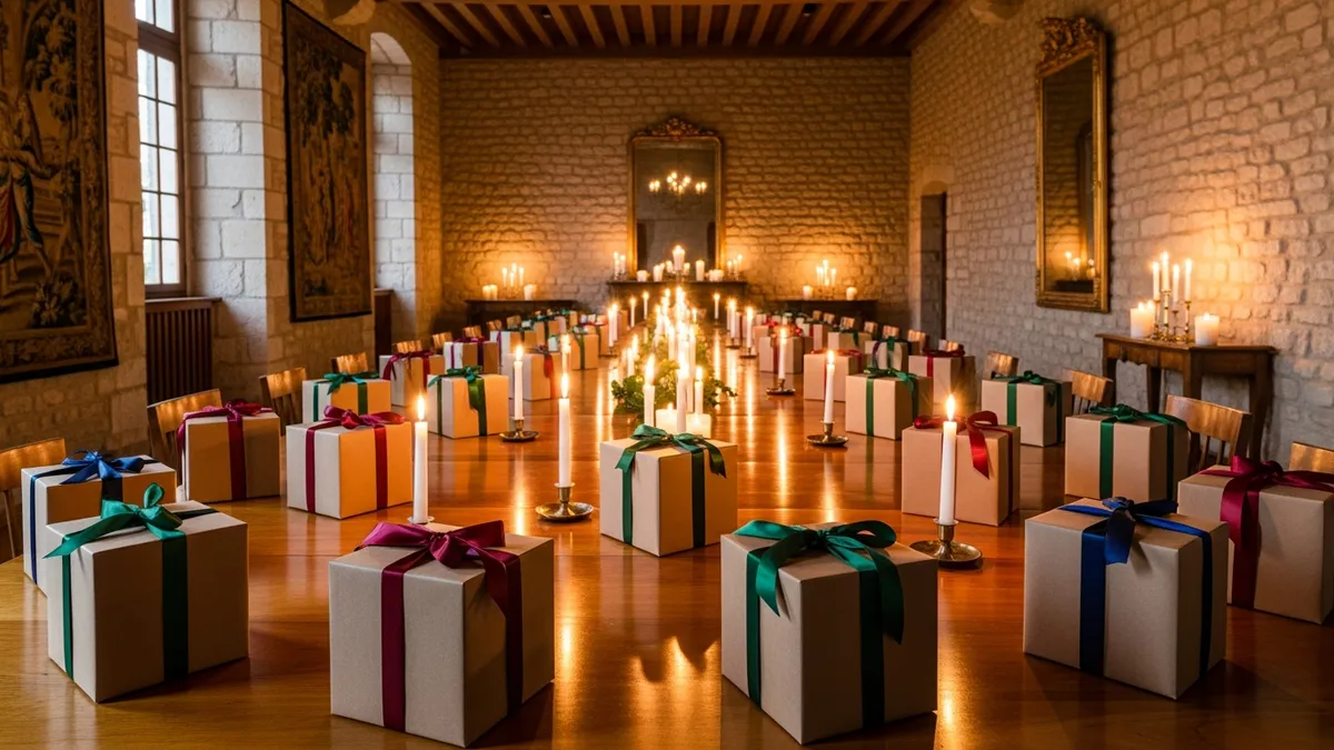 Table élégante en château avec cadeaux d'entreprise emballés et programme de séminaire, décoration sobre et lumière dorée